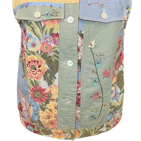 Susan Bristol Multicolor Patchwork Floral Linen Cotton Button Front Vest Small - Picture 7 of 13